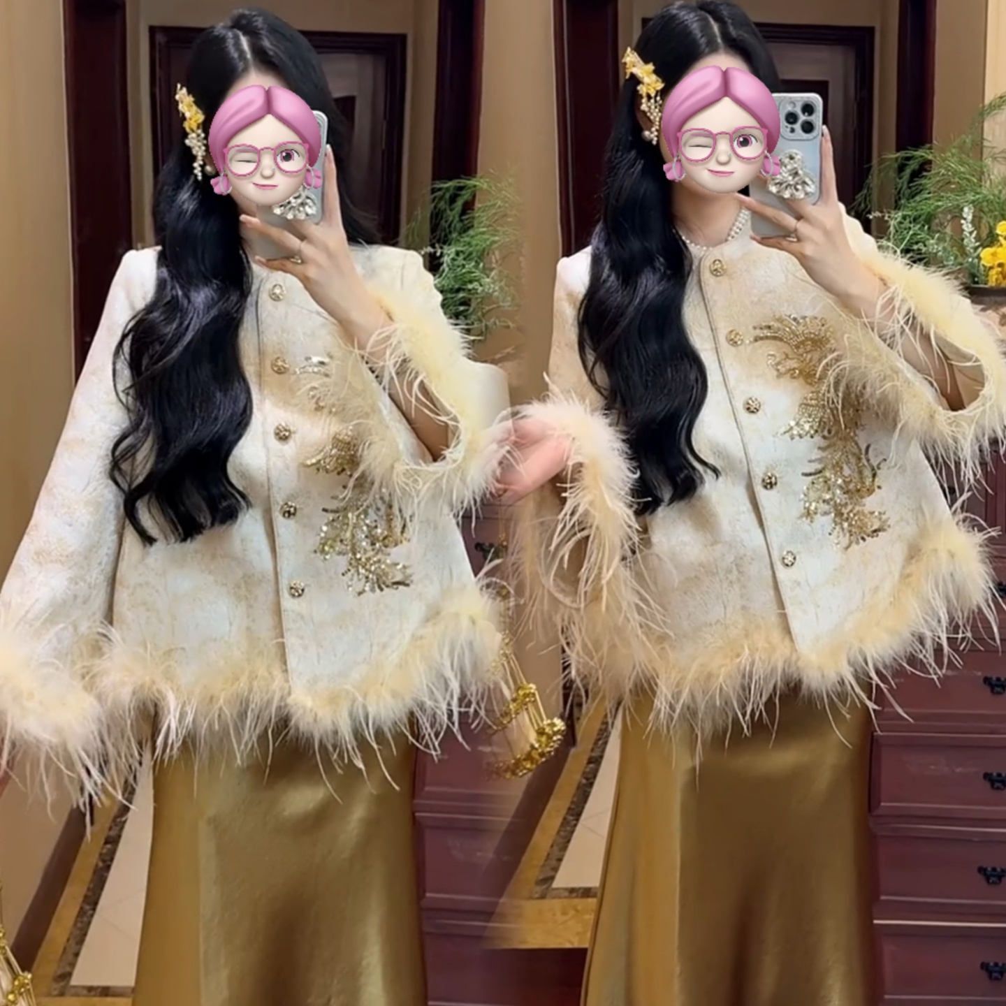 暗纹提花刺绣鸵乌毛外套上衣女