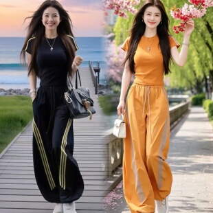 2026夏季复古美式新款短袖T恤+阔腿裤条纹两件套女休闲运动套装