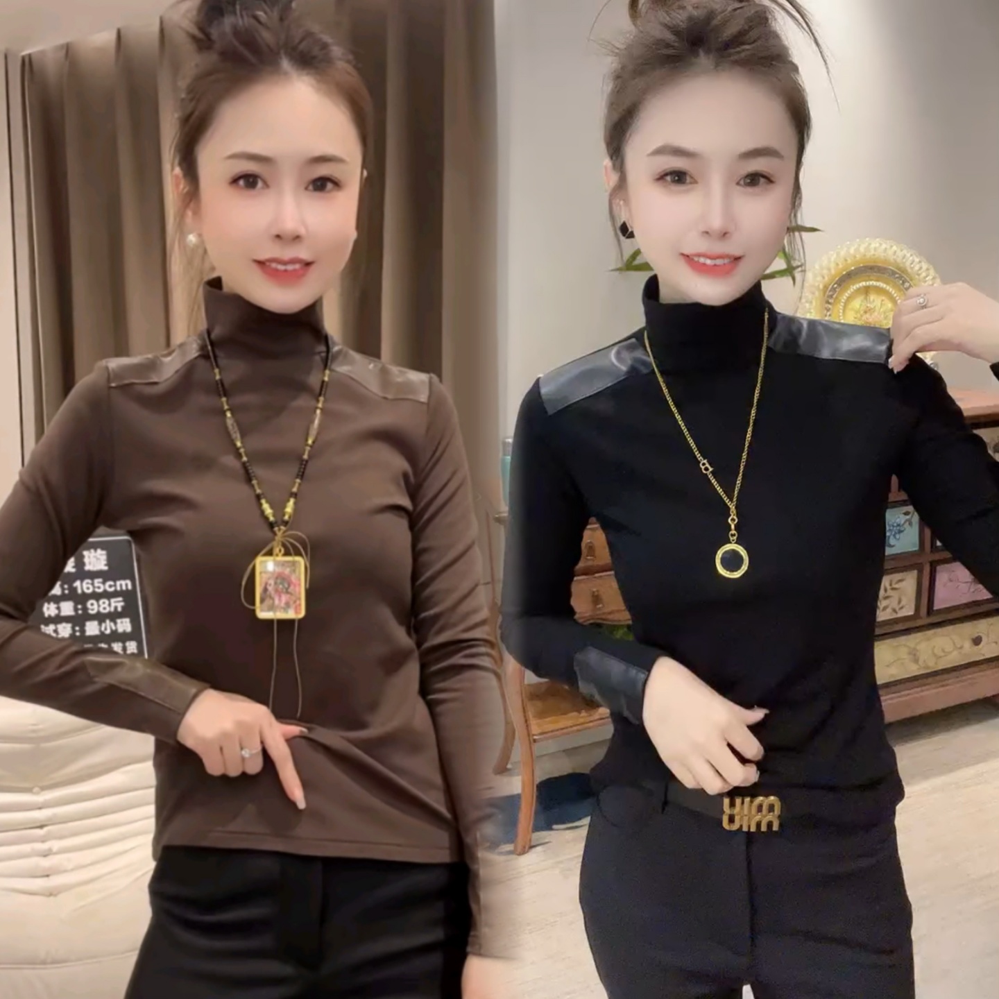 秋冬高领显瘦磨毛拼皮上衣小衫女