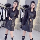 宽松显瘦洋气个性 黑色时尚 加绒背带皮裙女冬新款 百搭蛋白皮连衣裙