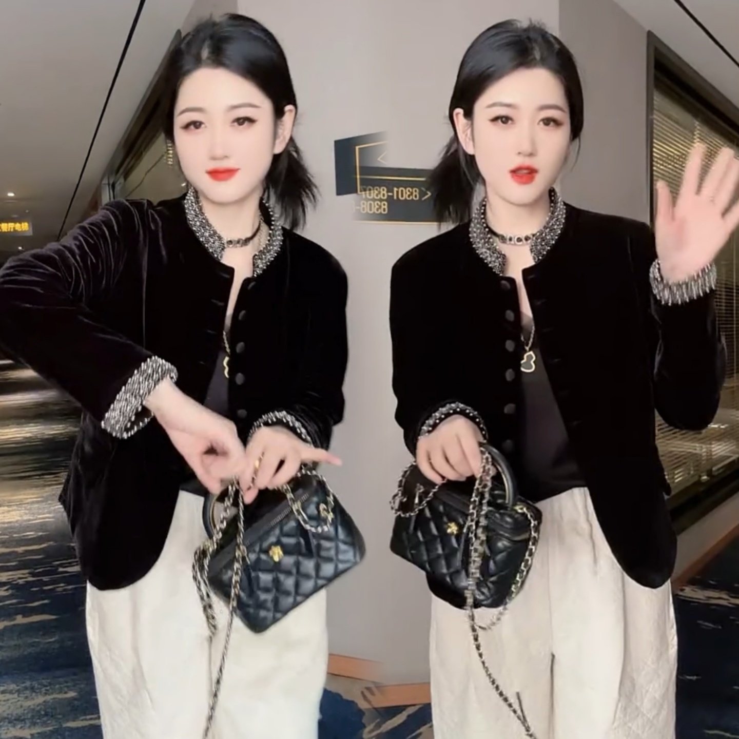 小立领串珠夹棉丝绒短外套薄棉衣