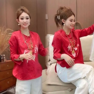 上衣衬衫 宽松显瘦圆领锦鲤刺绣提花国风打底衫 复古大码 2026新年款