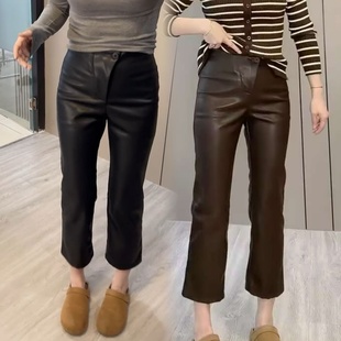 2025新款时尚气质百搭高腰直筒磨毛加绒烟管裤蛋白皮裤女九分裤潮