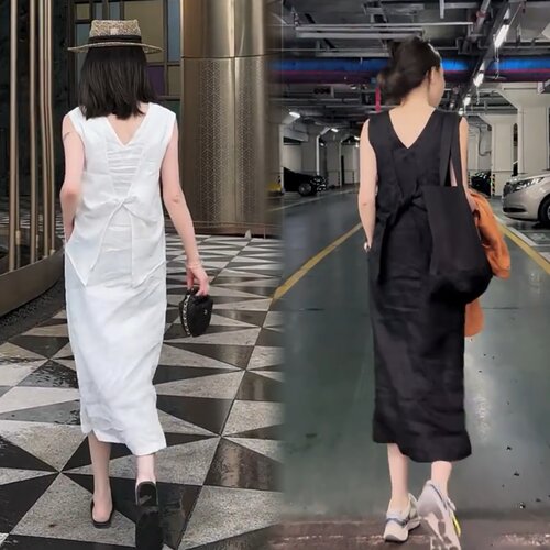 后背蝴蝶结V领百搭无袖连衣裙