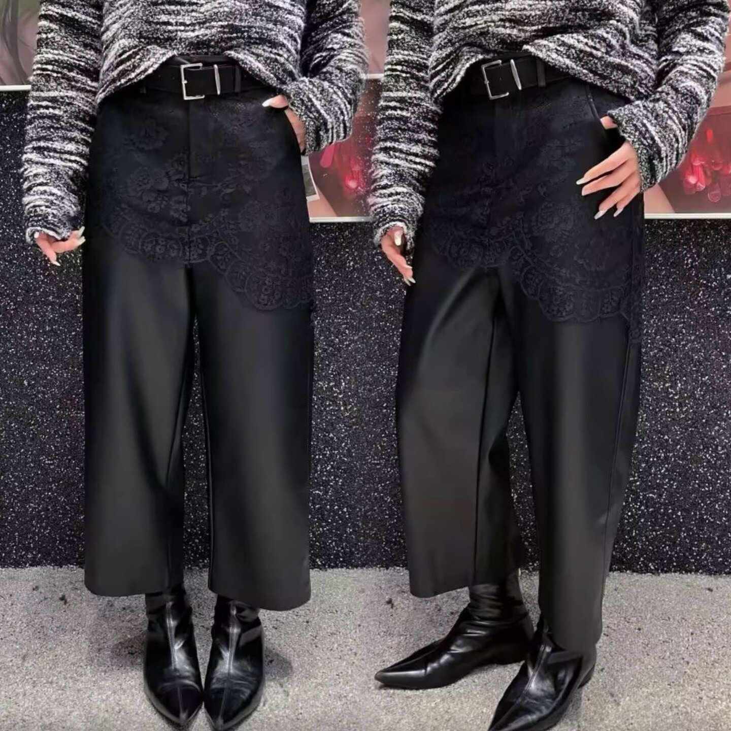2025冬季时尚洋气pu纯色加绒宽松拼接蕾丝屁帘直筒裤九分休闲裤女,女装/女士精品,休闲裤,淘宝优惠券,粉丝福利购,淘宝优惠卷