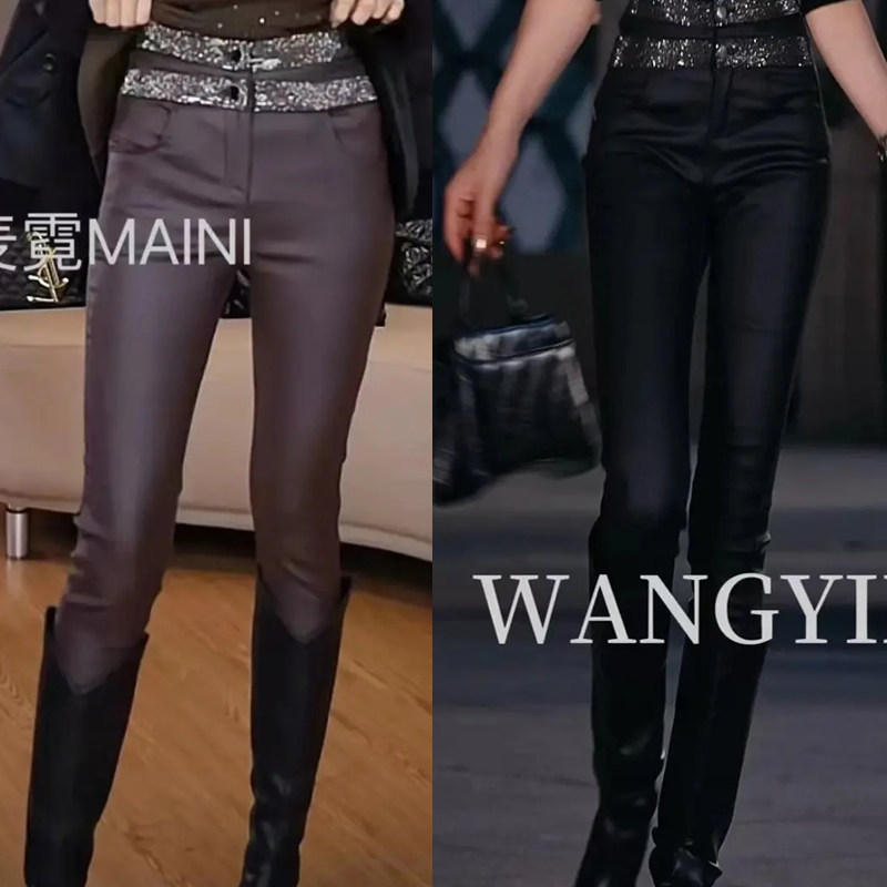 2024欧洲站水钻双腰封加绒涂层弹力小脚裤pu皮裤女时尚显瘦铅笔裤,女装/女士精品,休闲裤,淘宝优惠券,粉丝福利购,淘宝优惠卷