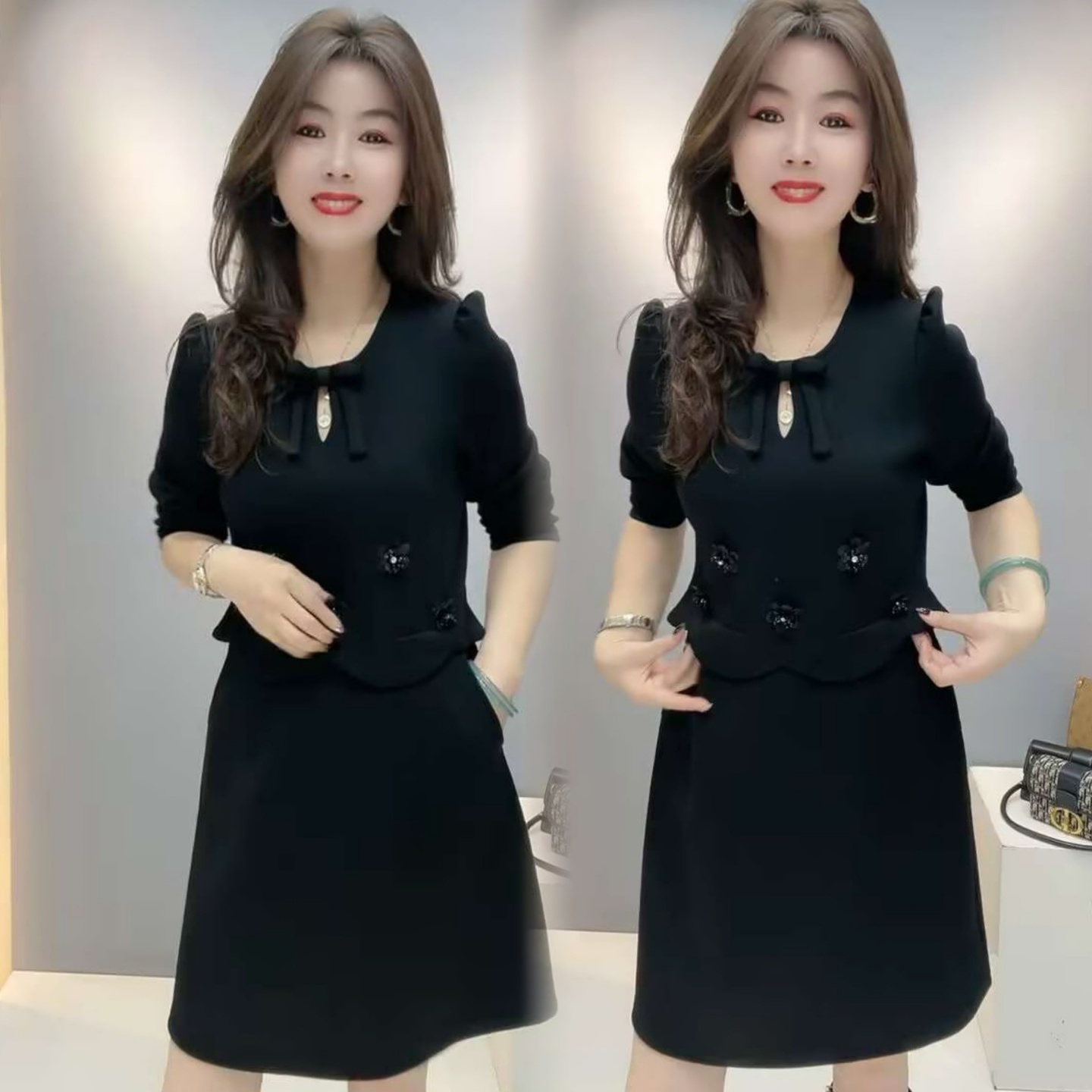 秋冬季气质纯色时髦时尚百搭新款连衣裙洋气减龄显瘦立体花连体裙