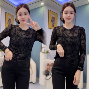 2025秋季新款性感植绒国风长袖内搭网纱黑色蕾丝上衣打底衫T恤女