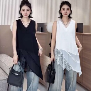 大码女装法式v领斜边蕾丝白色吊带背心新款坎肩外搭叠穿无袖上衣