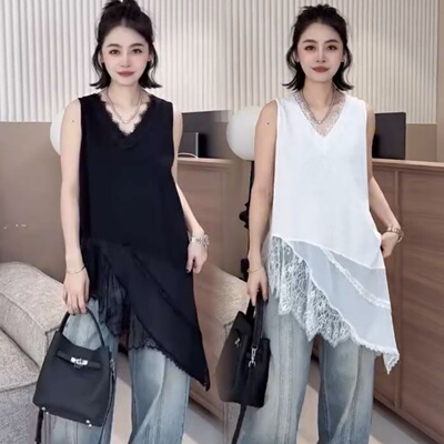 法式v领斜边蕾丝白色吊带背心