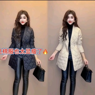 压格抽绳收腰显瘦棉服外套夹棉大衣女 欧货v领中长款 2025冬季 新款