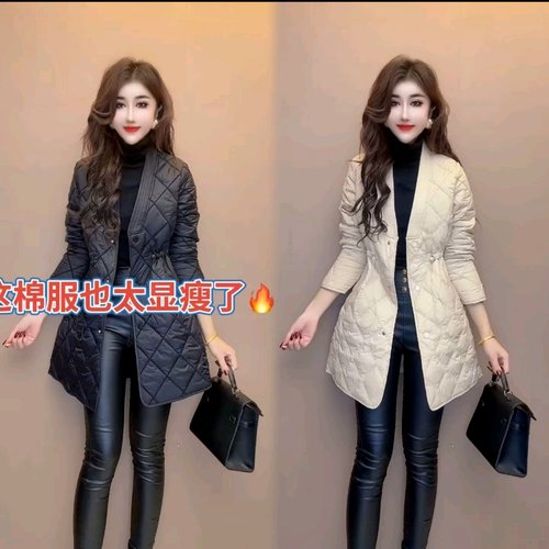 中长款压格抽绳棉服外套夹棉女