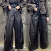2025秋冬高腰软皮PU显瘦宽松蛋白皮直筒加绒加厚皮裤 阔腿九分裤 女