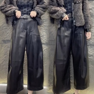 2025秋冬高腰软皮PU显瘦宽松蛋白皮直筒加绒加厚皮裤阔腿九分裤女