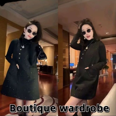 星空细闪亮晶晶坎袖毛呢裙连衣裙