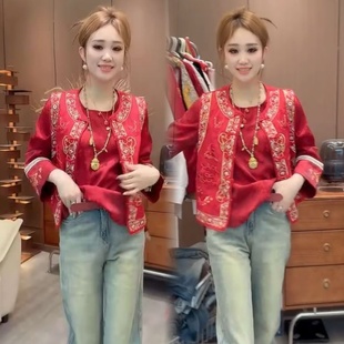 两件套 提花衬衫 新年战袍拜年服红色新中式 重工刺绣国风马甲锦鲤袖