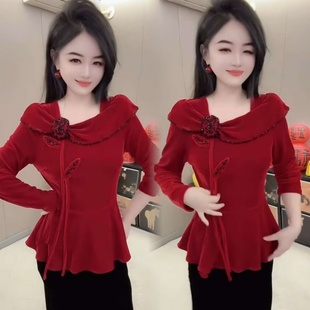 2026新年款 洋气百搭高级感重工串珠气质玫瑰花精致丝绒上衣女 时尚