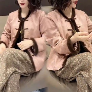 秋冬新中式粉色金闪闪提花拼接咖色水貂毛边加棉国风薄棉上衣外套