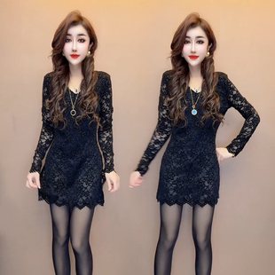 洋气显瘦打底衫 上衣欧货性感镂空V领侧开叉蕾丝衫 中长款 秋冬新款