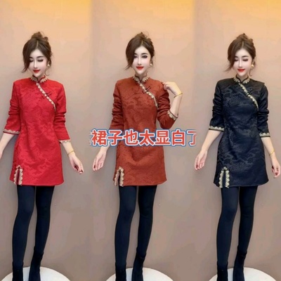 国风裙加绒旗袍裙洋气显瘦连衣裙