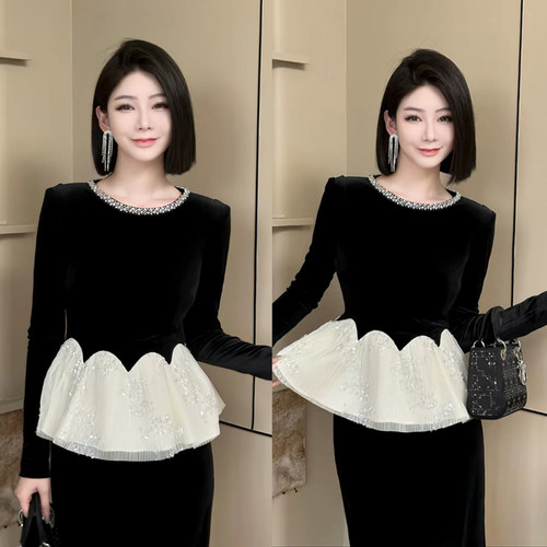 2025新款春秋季柔美优雅显瘦纱拼色黑色丝绒上衣半身裙两件套装裙