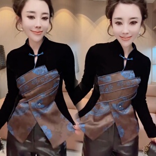 小立领锦缎提花拼接丝绒国风盘扣衬衫 百搭新中式 女 时尚 2025秋冬季