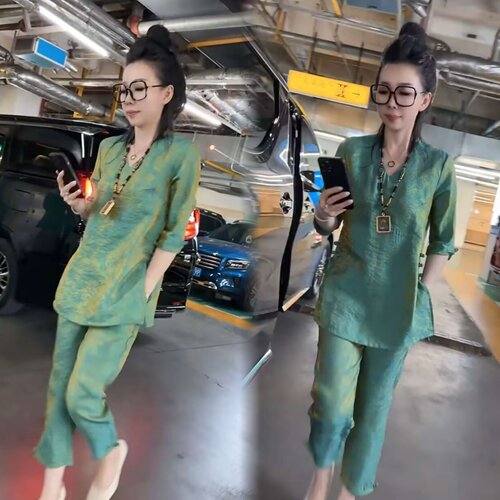 鎏金缎渐变绿色上衣+裤子套装女