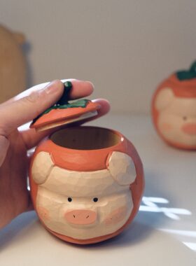 不土 诸事顺遂 柿子猪储物收纳首饰罐纯手工实木木雕摆件生日礼物