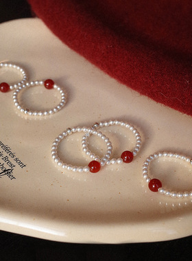 红玛瑙珍珠戒指女小众高级感虎眼石串珠指环不掉色设计感食指饰品