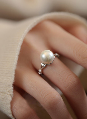 s925银天然淡水珍珠戒指女小众轻奢高级感不掉色可调节开口食指环