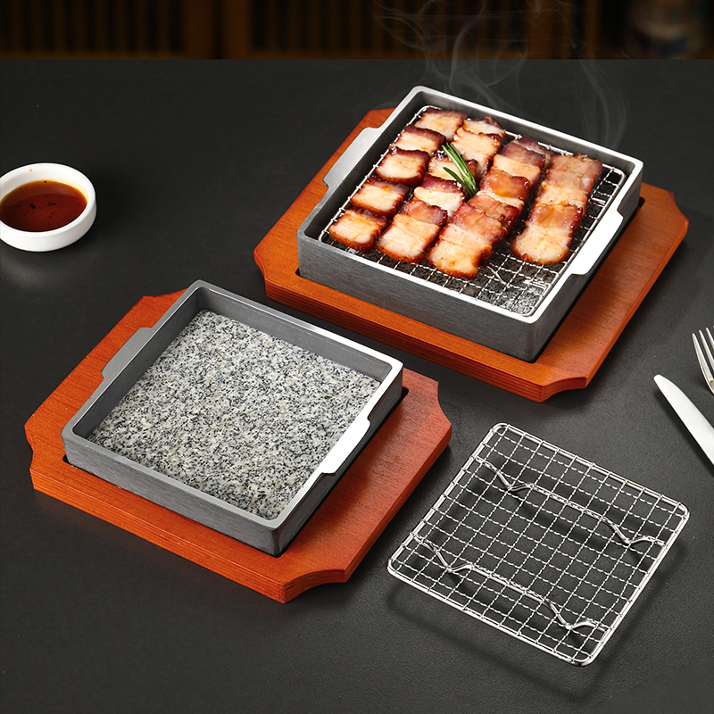 方形带网格沥油保温石盘正方形石汤盘牛排烤盘烧烤网架石板煎盘