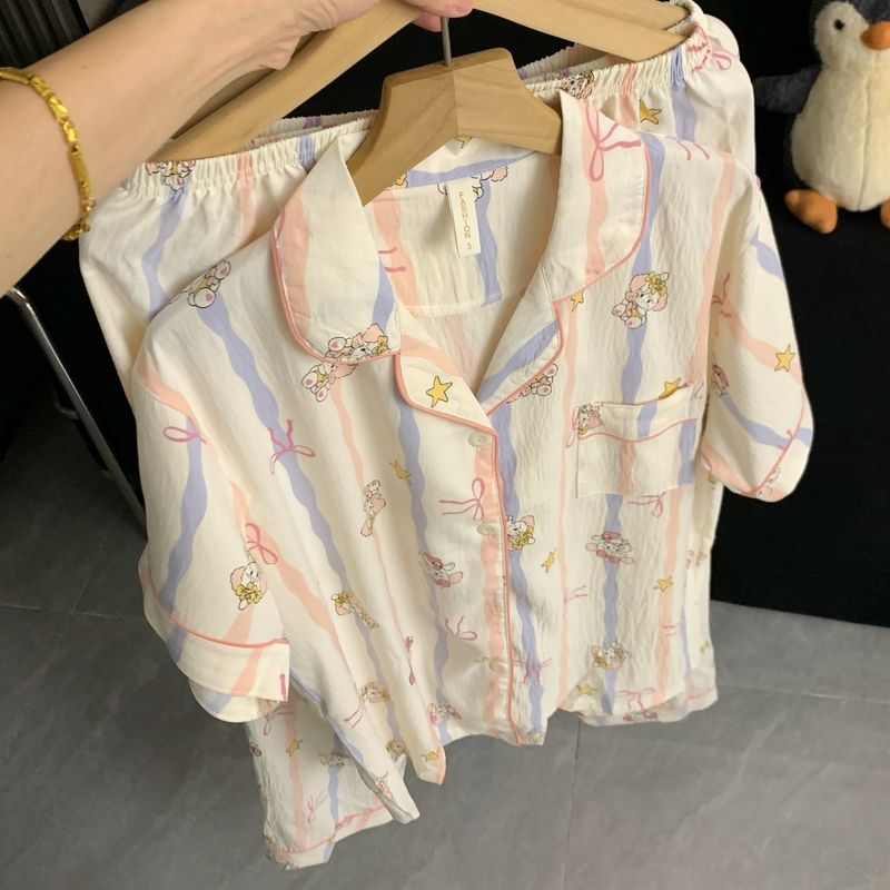 云朵女三件套mikko纯棉纱条纹大码日系粉睡衣少女春夏季短袖甜美
