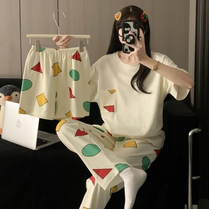 卡通蜡笔小新同款情侣款睡衣男女夏季短袖纯棉可爱几何圆领三件套