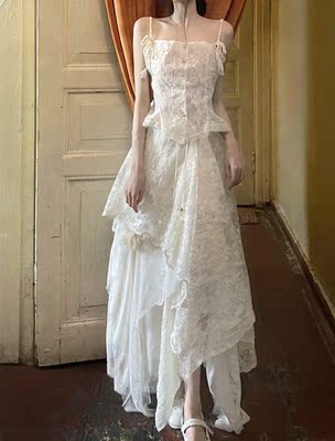 刺绣花朵吊带上衣+刺绣花朵宫廷半身裙套装