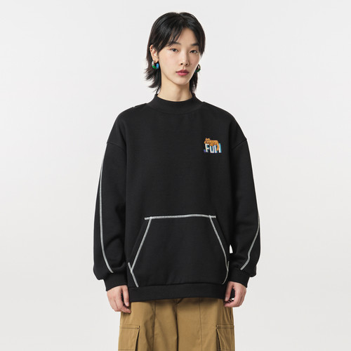 MOVEUP幻走2023冬季新款.FUN系列加绒撞色线落肩绣花设计师卫衣女