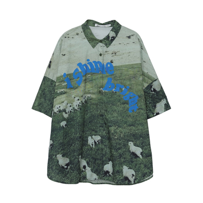 MOVEUP幻走2024春季新款.FUN系列趣味印花设计师纯棉中长款衬衫女