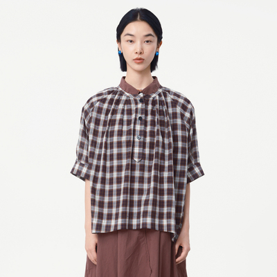 【商场同款】MOVEUP幻走2025夏季纯棉倒褶小方格设计短款套头衫女