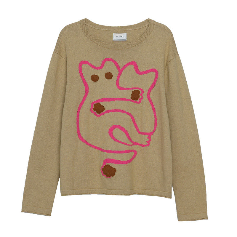 【商场同款】MOVEUP幻走2025春季新款撞色猫咪提花设计短款毛衣女