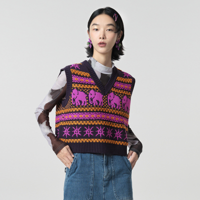 MOVEUP幻走2023冬季新款.FUN系列V领提花组织设计师毛织马夹女