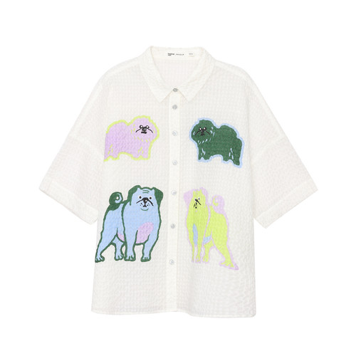 MOVEUP幻走2024夏季新款.FUN系列翻领设计印花小狗纯棉短款衬衫女