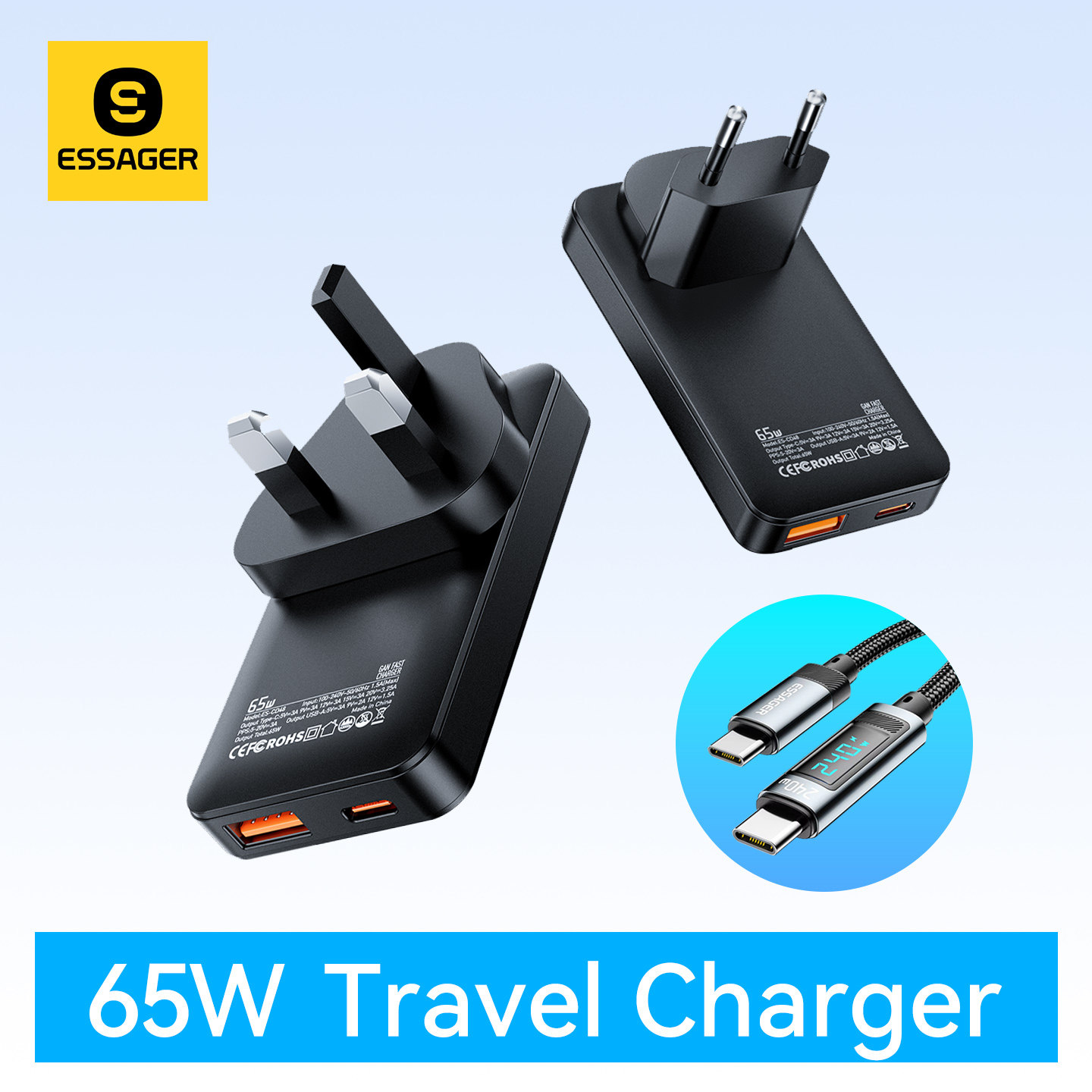 ESSAGER GaN 65W USB Type C Travel Charger超薄氮化镓充电器适用手机电脑快充中国香港欧规新加坡马来插头