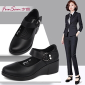 方尚黑色防滑工作鞋 舒适皮鞋 女软底坡跟真皮上班软皮久站女鞋 单鞋