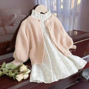 女童韩版荷叶领连衣裙套装小女孩泡泡袖毛衣娃娃装海马毛针织开衫