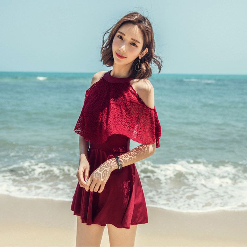 断码特价泳衣女性感纯欲风蕾丝钢托聚拢遮肚显瘦冬连体裙式游泳衣