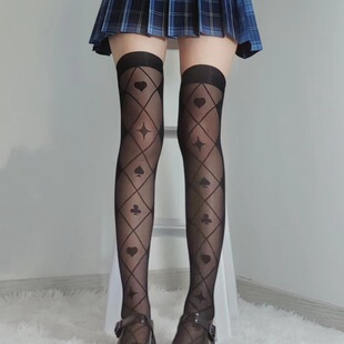 黑色jk过膝丝袜女洛丽塔薄款长筒cos袜子黑丝辣妹印花扑克lolita