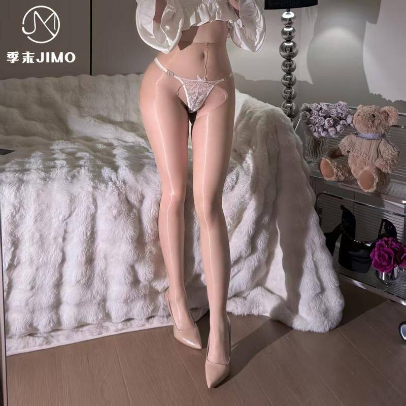 超薄无腰边1D高腰丝滑极光油光油亮连裤袜性感开档紫色丝袜透肤袜