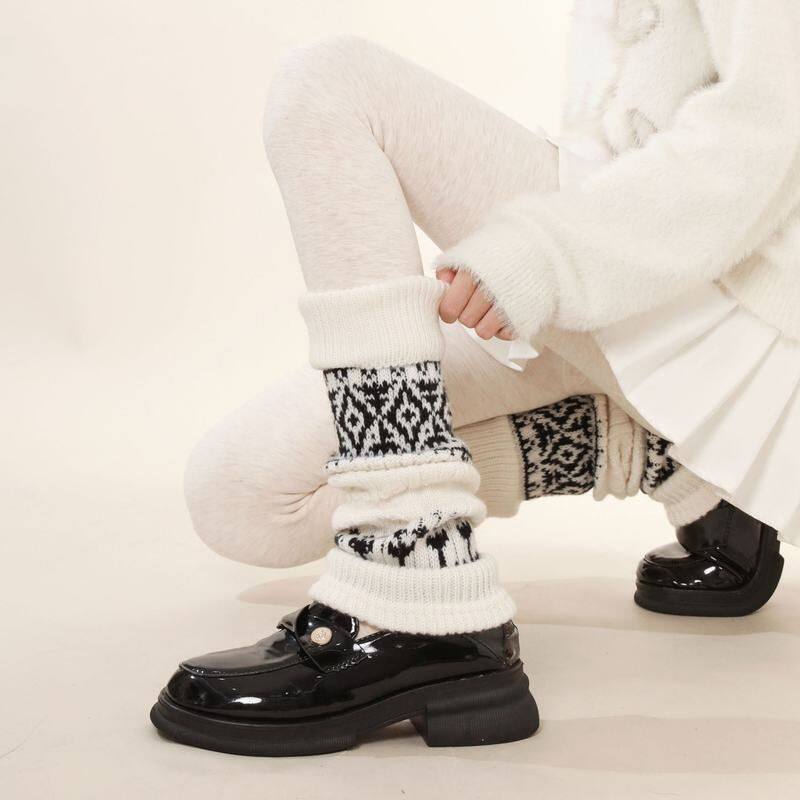 费尔岛翻边袜套复古针织腿套北欧风菱形提花秋冬季保暖加厚堆堆袜