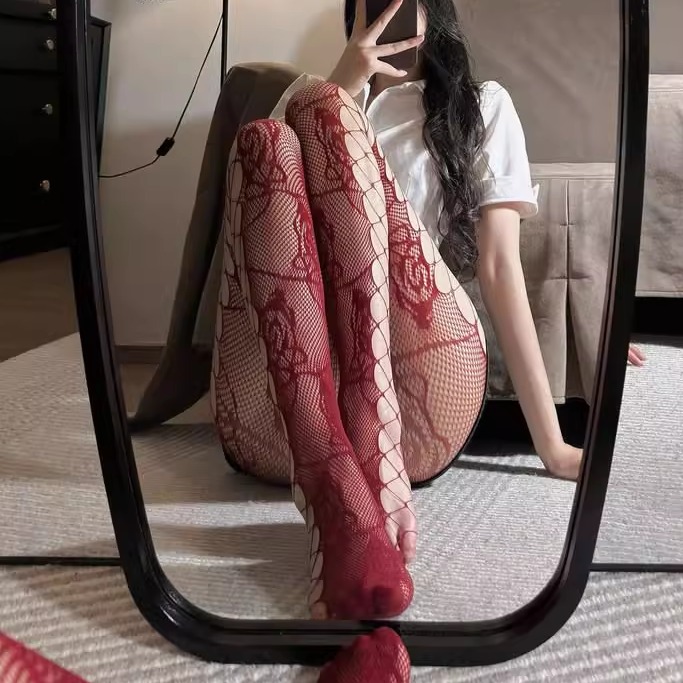 纯欲丝袜渔网袜酒红色连裤袜