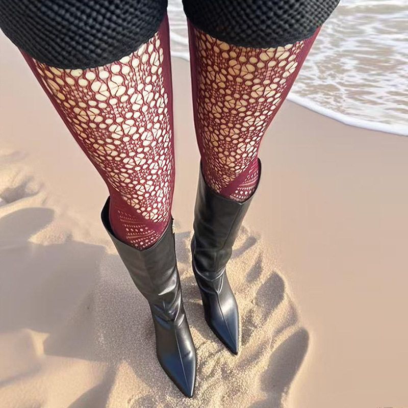 新款米字花拼接渔网袜同款jk镂空子蕾丝洛丽塔车厘子红欧美风丝袜