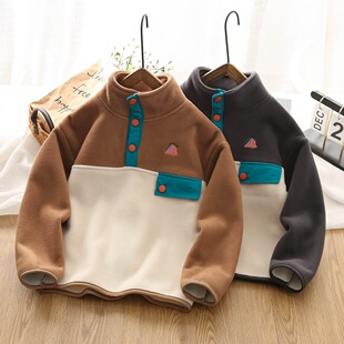 男童加绒卫衣冬装2025新款半高领撞色拼接摇粒绒秋冬加厚儿童外套